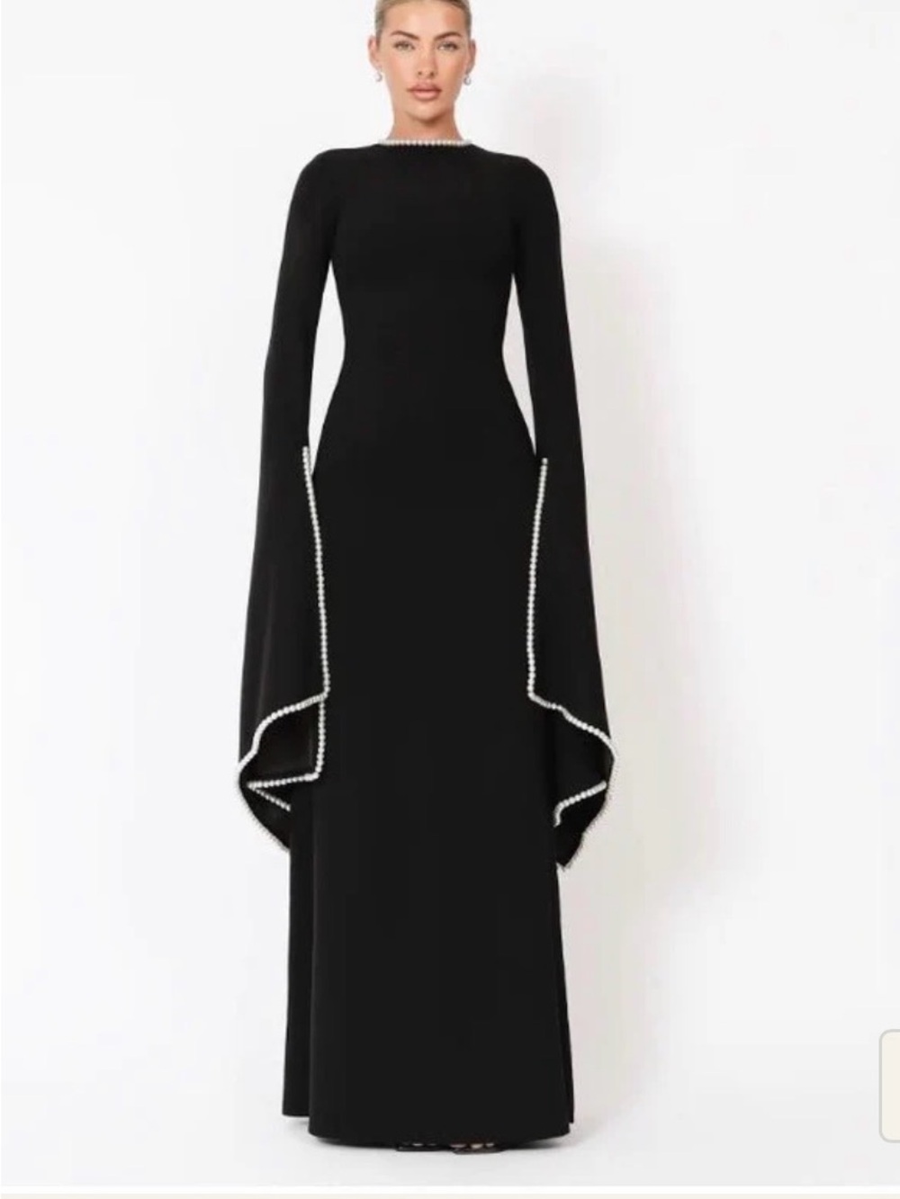 SOLD
Elegant Black Long-Sleeve Maxi Dress with Pearl Trim